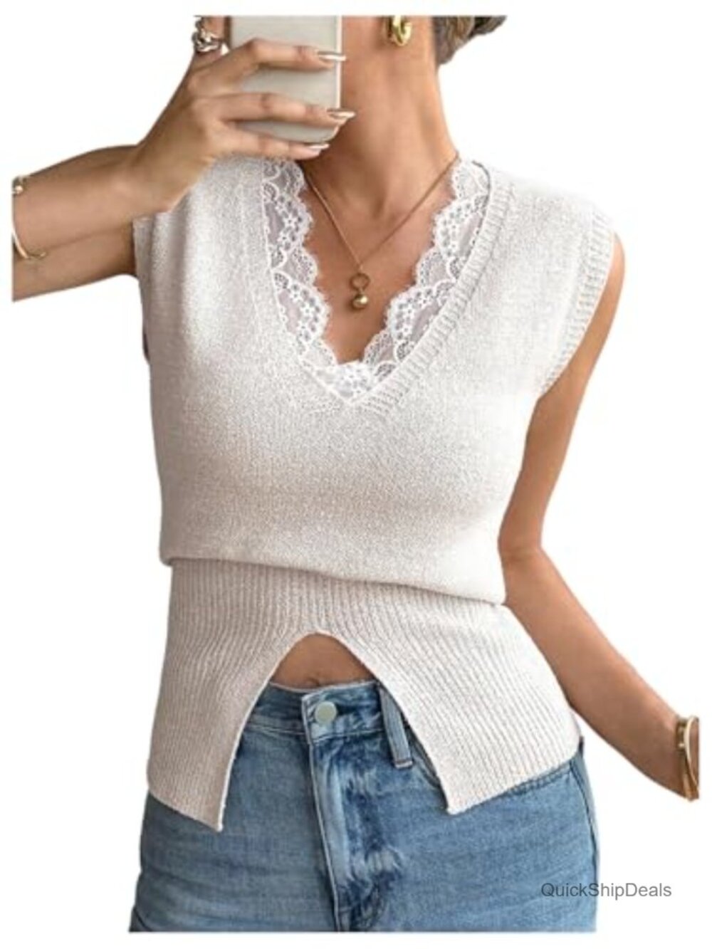 Lace Trim Knit Sweater Vest Sleeveless Deep V Neck Split Front